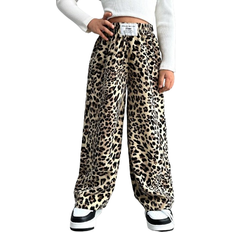 Shein Young Girl And Young Girl Casual Loose Leopard Print Straight Leg Pants Suitable For Daily Wear Can Be Paired With Various Fitted Cropped TShirts Or