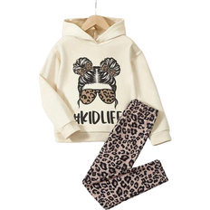 Shein pcs Young Girl AutumnWinter Letter Print Sweatshirt Leopard Pattern Pants Set