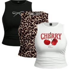 Shein pcsSet Plus Solid Leopard Print Fitted Tank Tops Summer