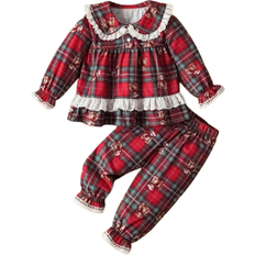 Checkered Children's Clothing Shein pcsSet Baby Girls Red Plaid Bear Pattern Christmas Themed Casual Long Sleeve Top And Pants Home Set