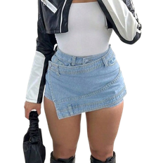 Shein Rave YK Street Vintage Washed Overlap Waist Wrap Asymmetrical Hem ALine Stretchy Skinny Cargo Denim Mini Skorts