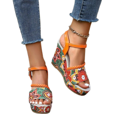 Shein Womens Wedge Heel ThickSoled Sandals Random Patterns Orange Buckled Beach Vacation Waterproof Platform HighHeeled Shoes Summer