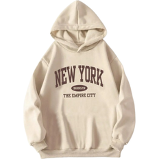 Beige Tops Shein Tween Girls Casual Comfortable Letter Print Hoodie Sweatshirt