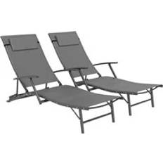 Textile Sun Beds OutSunny Set of 2 Folding Sun Loungers with Pillows - Grey