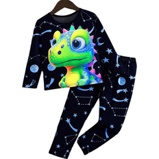 Shein Toddler Boys Cute Cartoon Dinosaur Pattern Glow In The Dark Long Sleeve Pajama Set Glows Under UV Light