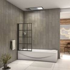 Showers Aica 800x1400mm Matt Black Frame Grid Black Silk Screen Pivot Shower Bath Screen
