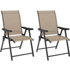 Brown - Steel Patio Chairs OutSunny 2 Pcs Folding Chair with Breathable Mesh Fabric Seat Brown