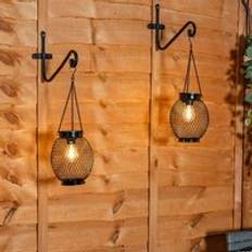 ValueLights Black Metal Mesh Cage Solar Powered Outdoor 2 Pack Garden Lantern Lights