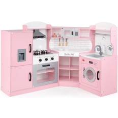 Costway Wooden Corner Play Kitchen with Sounds and Lights Pink