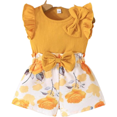 Shein Childrens Clothing Summer Set For Baby Girls Featuring Cute Bowknot Cap Sleeve Top And Matching Flower Printed Shorts pcs