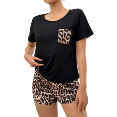 Shein Leopard Print Crew Neck Short Sleeve Pajama Set
