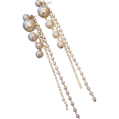 Shein 1pair French Style Vintage & Minimalistic Imitation Pearl & Rhinestone Decor Long Front & Back Earrings For Women, Elegant Ear Accessories For P