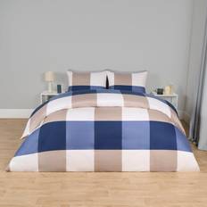 OHS Gingham Block Check Set Double Duvet Cover Blue, Beige (200x200cm)