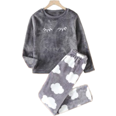 Shein Tween Girl Eyelash Embroidery Flannel Top & Cloud Print Pants PJ Set