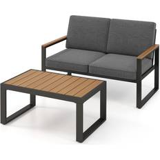 Costway 2 Piece Patio Aluminum Furniture with Wood-Plastic Armrests and Tabletop Grey Outdoor Lounge Set