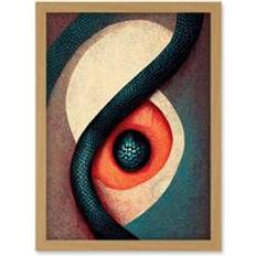 Oak Framed Art ARTERY8 Snake Eyes Abstract Scales Teal Red Artwork Wall Print A4 - Tan - One Size Framed Art