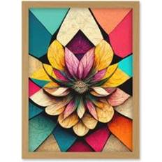 Oak Framed Art ARTERY8 Geometric Floral Mandala Bright Multicoloured Shapes Artwork Wall Print A4 - Tan - One Size Framed Art