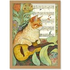 Oak Framed Art ARTERY8 Orange Tubby Cat with Guitar and Sheet Music in Floral A4 - Light Oak Framed Art