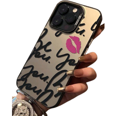 Shein pc Personalized English Writing Lip Print Pattern Phone Case Independently Electroplated Button Black Gray Reflective Effect Lightweight Scratch Re