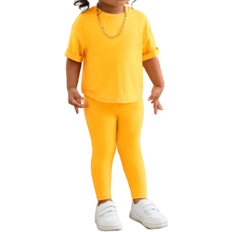 Shein Babygirl Short Sleeve T-Shirt And Elastic Waist Pants Set - Yellow