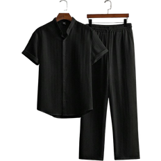 Shein Casual Solid Color Textured Short Sleeve Shirt And Drawstring Pant Set - Men's
