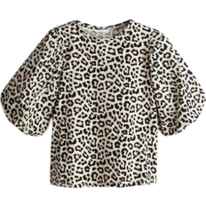 H&M Balloon-Sleeved Top - White/Leopard Print