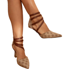 Shein Womens Vintage Elegant High Heel Mules With Strap Floral Print Design Brown Formal Shoes With Back Zipper Comfortable Party Shoes Work Shoes High Heel