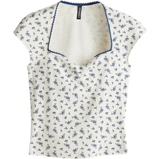 H&M Ribbed Sweetheart Neck Top - Cream/Floral