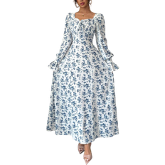 Shein Elegant Floral Print Square Neck Dress - Pearl