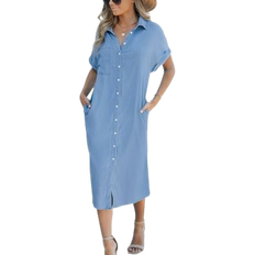 Cupshe Denim Short Sleeve Button Down Dress - Light/Pastel Blue