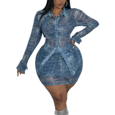 Shein Denim-Muster Sexy Raffungen Set - Große Größen