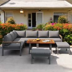 Latitude Run Grey Patio Backyard Furniture Garden For 7-8 People L-Shaped Corner Sofa With Wooden Coffee Table And 2 Stool Outdoor Lounge Set