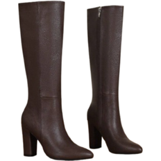 Shein Womens Chunky Heel OverTheKnee Boots With Side Zipper European American Retro Style Durable Fashionable Pointed Toe Trend Boots For AutumnWinter
