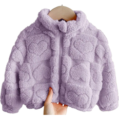 Shein Baby Girls Casual Chic Heart Pattern Fluffy Long Sleeve Stand Collar Jacket