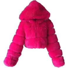 Faux Fur Coat Women With Hood Cropped Bubble Fleece Short Warm Jackets - Hot Pink