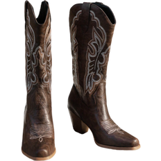 Shein Women New Autumn Forest Style Brown Outdoor Fashionable Western Embroidery Boots Cowboy Boots For Women