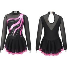 Kids Girls Long Sleeve Rhinestone Decorated Hollow Back Dance Dress - Hot Pink
