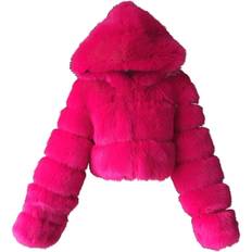 Faux Fur Coat Women With Hood Cropped Bubble Fleece Short Warm Jackets - Hot Pink