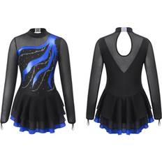 Kids Girls Long Sleeve Rhinestone Decorated Hollow Back Dance Dress - Royal Blue