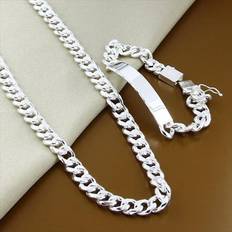 Maxpower Classic Men Jewelry Set 925 Silver 10mm Hip Hop Chain Necklace Bracelet - Silver