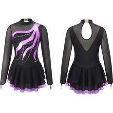 Kids Girls Long Sleeve Rhinestone Decorated Hollow Back Dance Dress - Purple