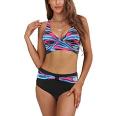One Size Bikinis Hiigyl Lady Print Padded Bikini Set Bra Top High Waist Briefs - Summer Beach