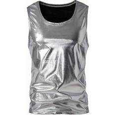 Men - Silver Tank Tops Hiigyl Men's Vest Shiny Vest Metallic Tank Top T-shirt Sleeveless Club Party Tops - Silver
