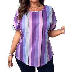 Shein Plus Colorful Striped Print Short Sleeve ButtonDown Shirt Summer