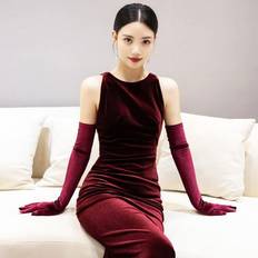 Maxpower Red Velvet Long Gloves Autumn Winter Dress Women's Gloves - Black