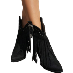 Fabric Boots Shein Women's Fashion Fringe Decor Slip-On Boots - Solid Color