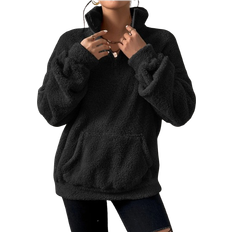 Shein Half Zip Drop Shoulder Teddy Sweatshirt - Black