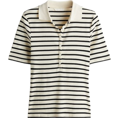H&M Ribbed Polo Shirt - Cream/Striped
