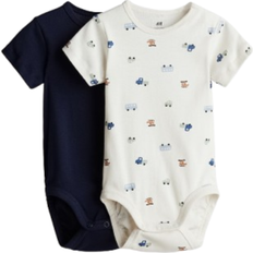 H&M Short Sleeved Bodysuits 2-pack - Navy Blue/Vehicles (1159373013)