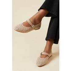 Foam Ballerinas Pandoras Faux Suede Diamante Mary Jane Ballet Pumps - Beige